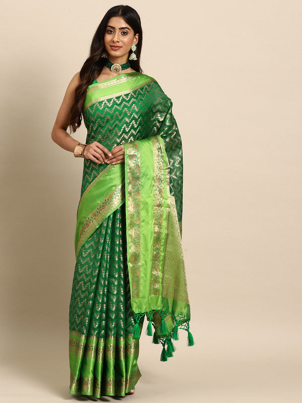 Green Silk Blend Woven Zari Design Abstract Saree with Unstitched Blouse - Hiral Fashion