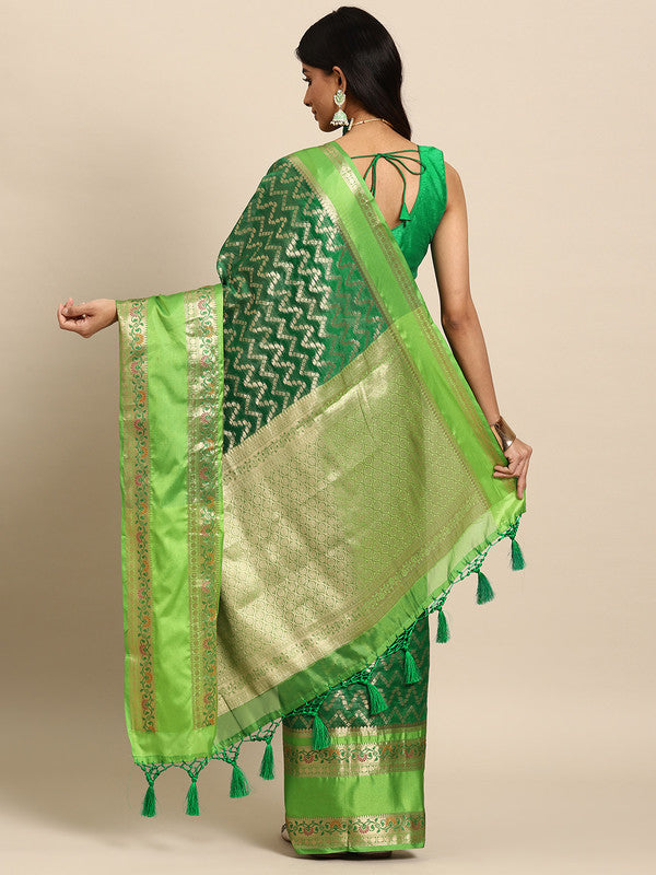 Green Silk Blend Woven Zari Design Abstract Saree with Unstitched Blouse - Hiral Fashion