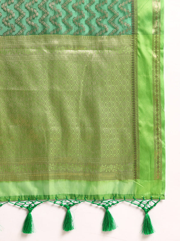 Green Silk Blend Woven Zari Design Abstract Saree with Unstitched Blouse - Hiral Fashion