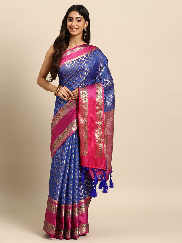 Navy Blue Silk Blend Woven Zari Design Abstract Saree with Unstitched Blouse - Hiral Fashion