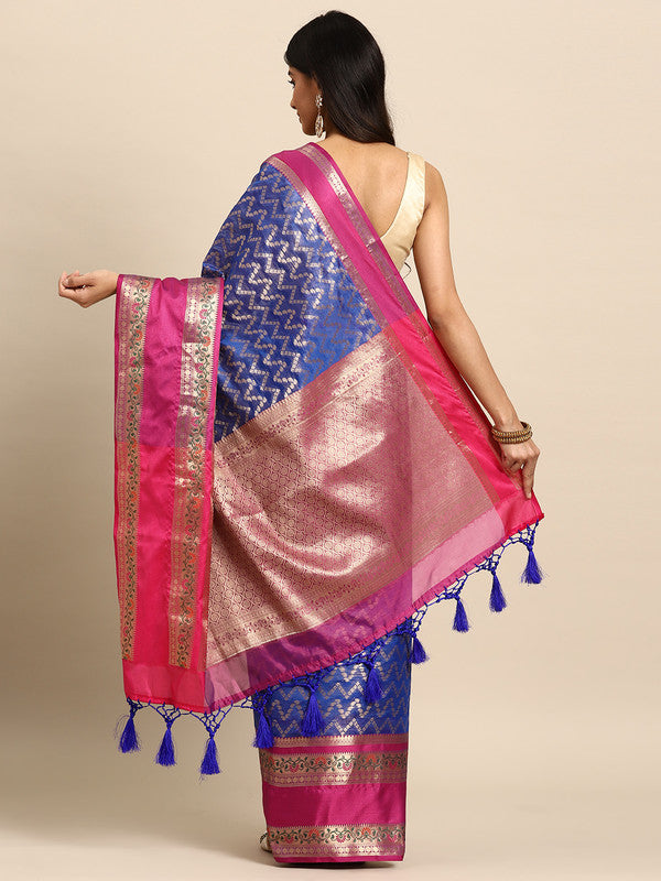 Navy Blue Silk Blend Woven Zari Design Abstract Saree with Unstitched Blouse - Hiral Fashion