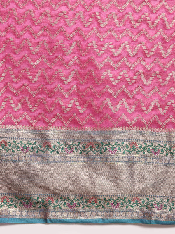 Pink Silk Blend Woven Zari Design Abstract Saree with Unstitched Blouse - Hiral Fashion