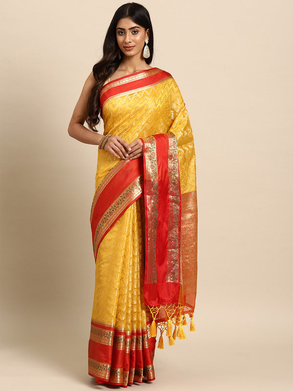 Yellow Silk Blend Woven Zari Design Abstract Saree with Unstitched Blouse - Hiral Fashion