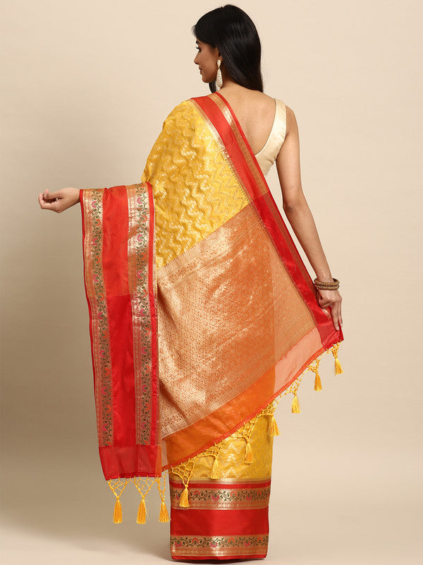 Yellow Silk Blend Woven Zari Design Abstract Saree with Unstitched Blouse - Hiral Fashion
