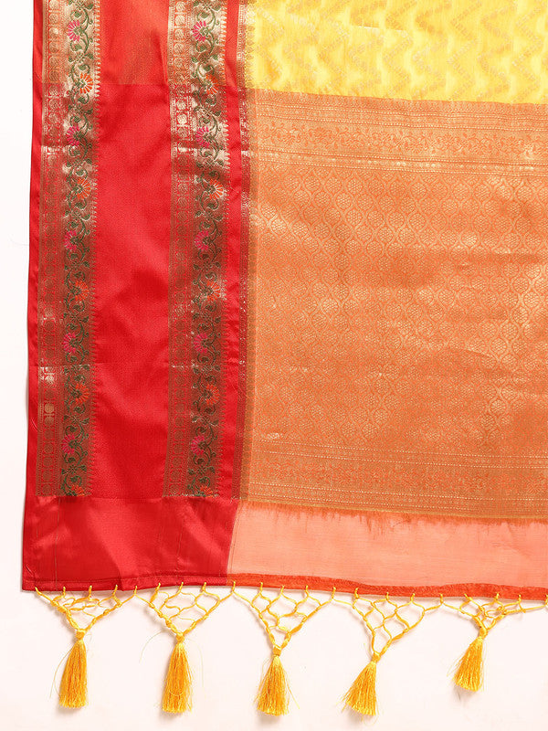 Yellow Silk Blend Woven Zari Design Abstract Saree with Unstitched Blouse - Hiral Fashion