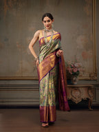 Green Pure Silk Woven Zari Design Floral Saree with Unstitched Blouse - Hiral Fashion