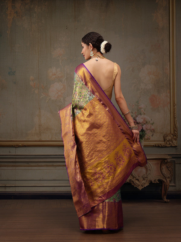 Green Pure Silk Woven Zari Design Floral Saree with Unstitched Blouse - Hiral Fashion