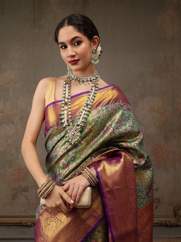 Green Pure Silk Woven Zari Design Floral Saree with Unstitched Blouse - Hiral Fashion