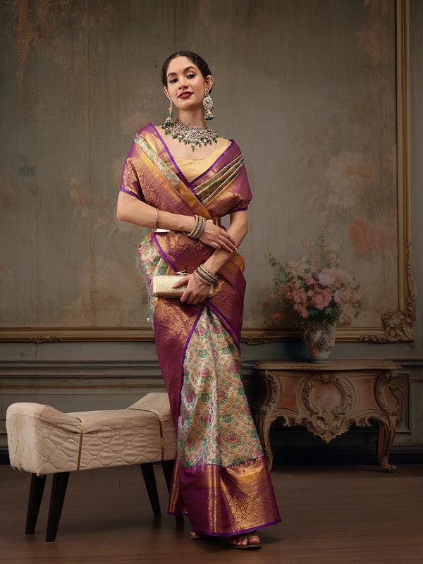 Gray/Silver Pure Silk Woven Zari Design Floral Saree with Unstitched Blouse - Hiral Fashion
