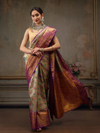 Gray/Silver Pure Silk Woven Zari Design Floral Saree with Unstitched Blouse - Hiral Fashion