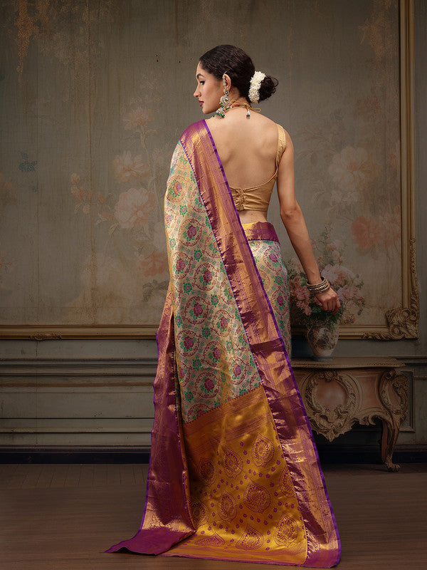 Gray/Silver Pure Silk Woven Zari Design Floral Saree with Unstitched Blouse - Hiral Fashion