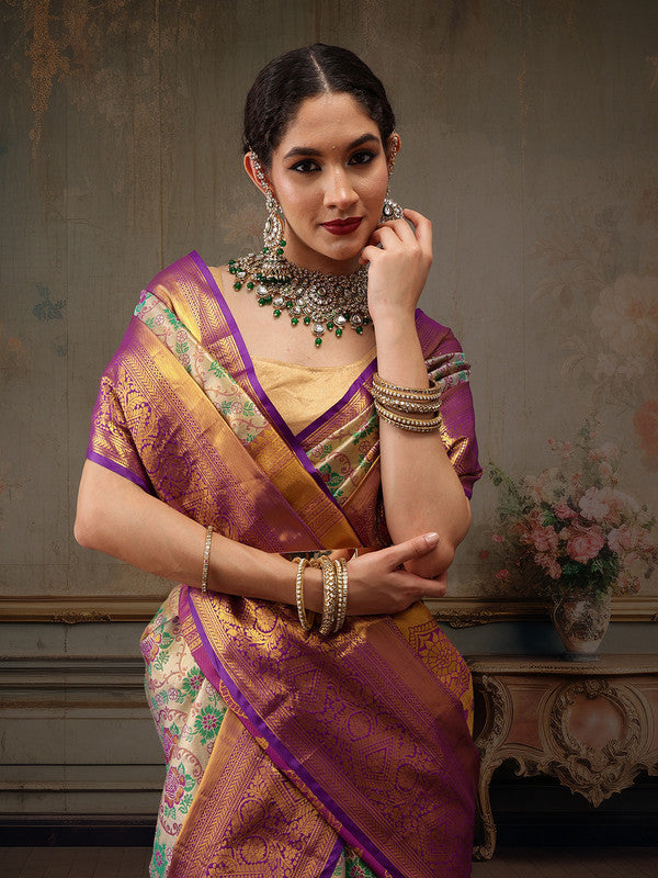 Gray/Silver Pure Silk Woven Zari Design Floral Saree with Unstitched Blouse - Hiral Fashion