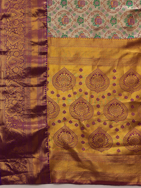 Gray/Silver Pure Silk Woven Zari Design Floral Saree with Unstitched Blouse - Hiral Fashion