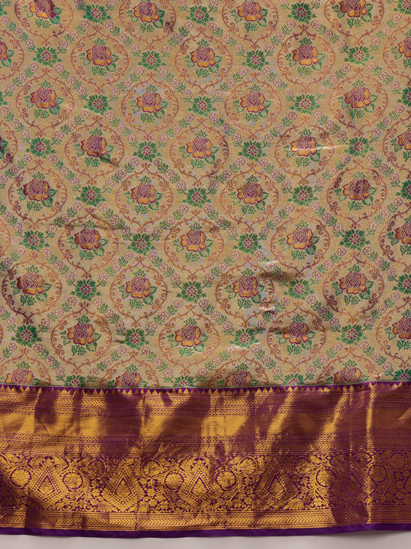 Gray/Silver Pure Silk Woven Zari Design Floral Saree with Unstitched Blouse - Hiral Fashion