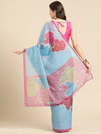 Aqua Silk Blend Printed Abstract Saree with Unstitched Blouse - Hiral Fashion