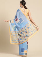 Blue Silk Blend Printed Abstract Saree with Unstitched Blouse - Hiral Fashion
