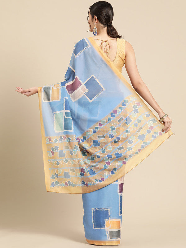 Blue Silk Blend Printed Abstract Saree with Unstitched Blouse - Hiral Fashion