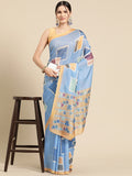 Blue Silk Blend Printed Abstract Saree with Unstitched Blouse - Hiral Fashion