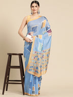 Blue Silk Blend Printed Abstract Saree with Unstitched Blouse - Hiral Fashion