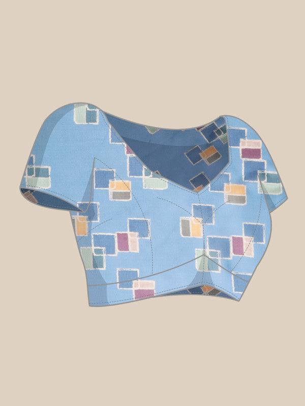 Blue Silk Blend Printed Abstract Saree with Unstitched Blouse - Hiral Fashion