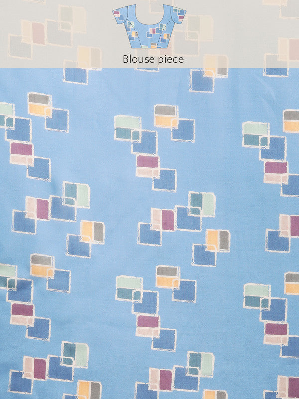 Blue Silk Blend Printed Abstract Saree with Unstitched Blouse - Hiral Fashion