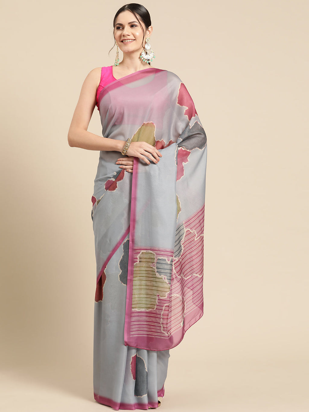 Dark Gray Silk Blend Printed Abstract Saree with Unstitched Blouse - Hiral Fashion
