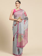 Dark Gray Silk Blend Printed Abstract Saree with Unstitched Blouse - Hiral Fashion