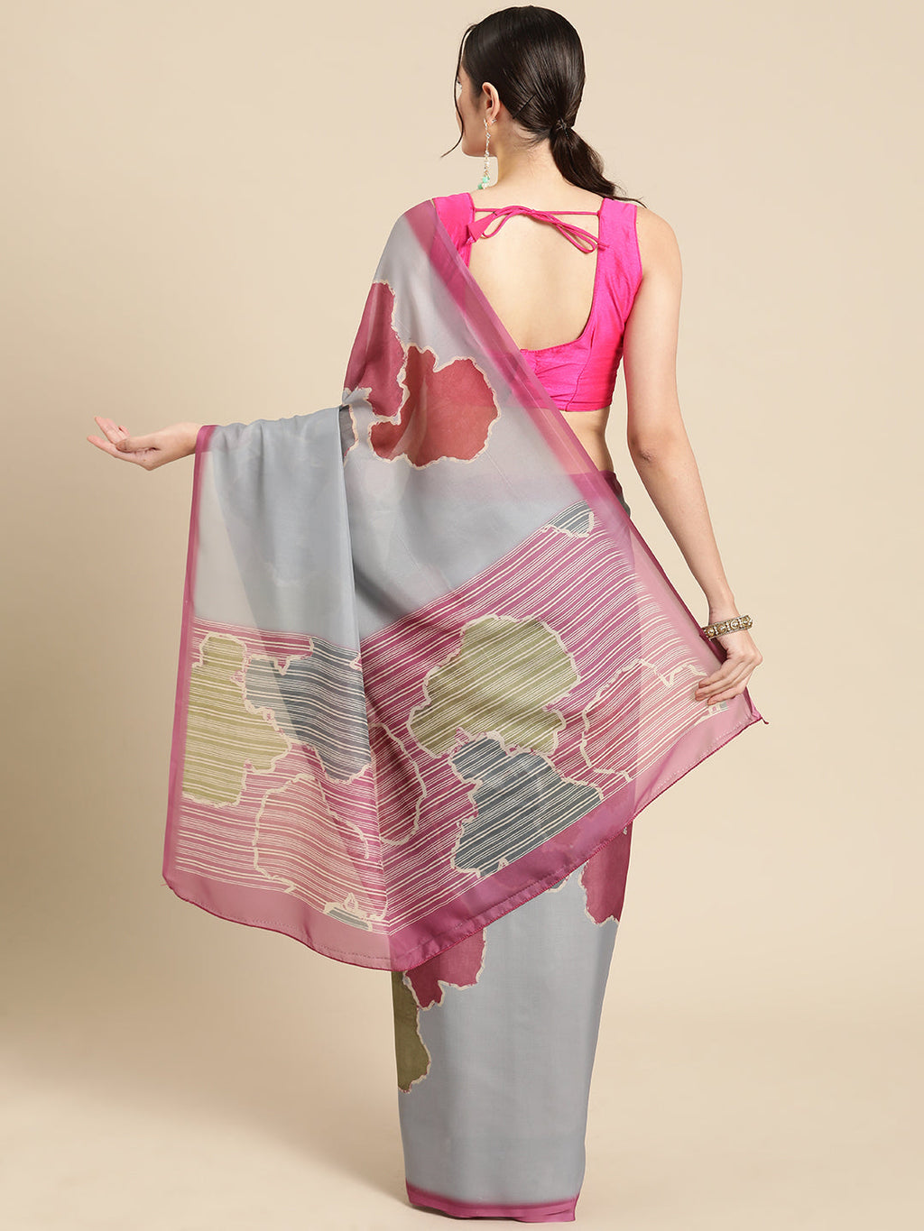 Dark Gray Silk Blend Printed Abstract Saree with Unstitched Blouse - Hiral Fashion