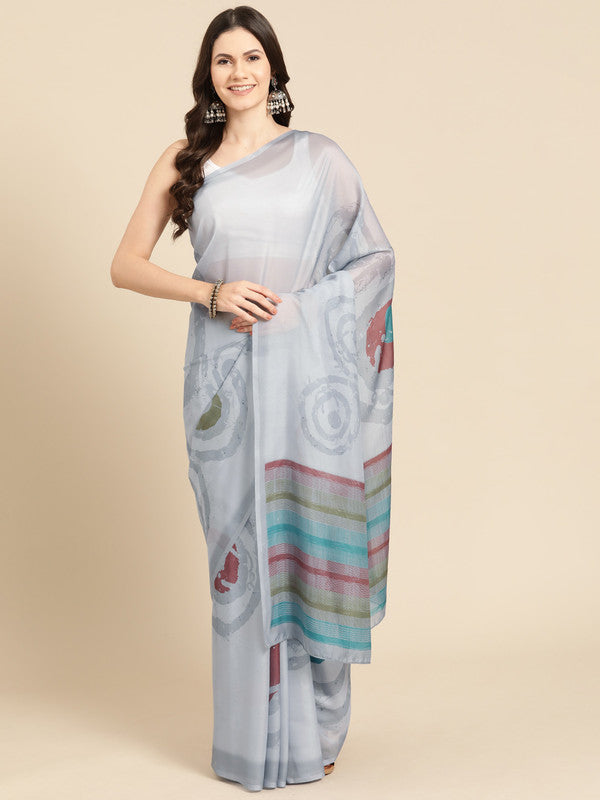 Gray Silk Blend Printed Abstract Saree with Unstitched Blouse - Hiral Fashion