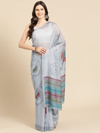 Gray Silk Blend Printed Abstract Saree with Unstitched Blouse - Hiral Fashion