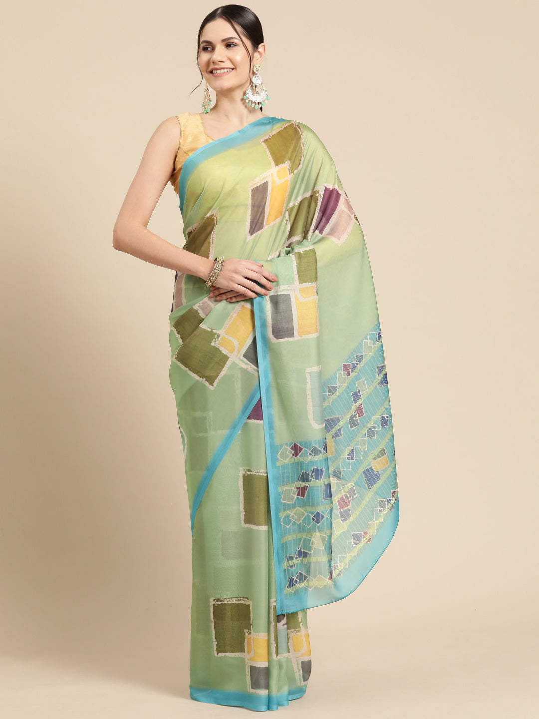 Olive Silk Blend Printed Abstract Saree with Unstitched Blouse - Hiral Fashion