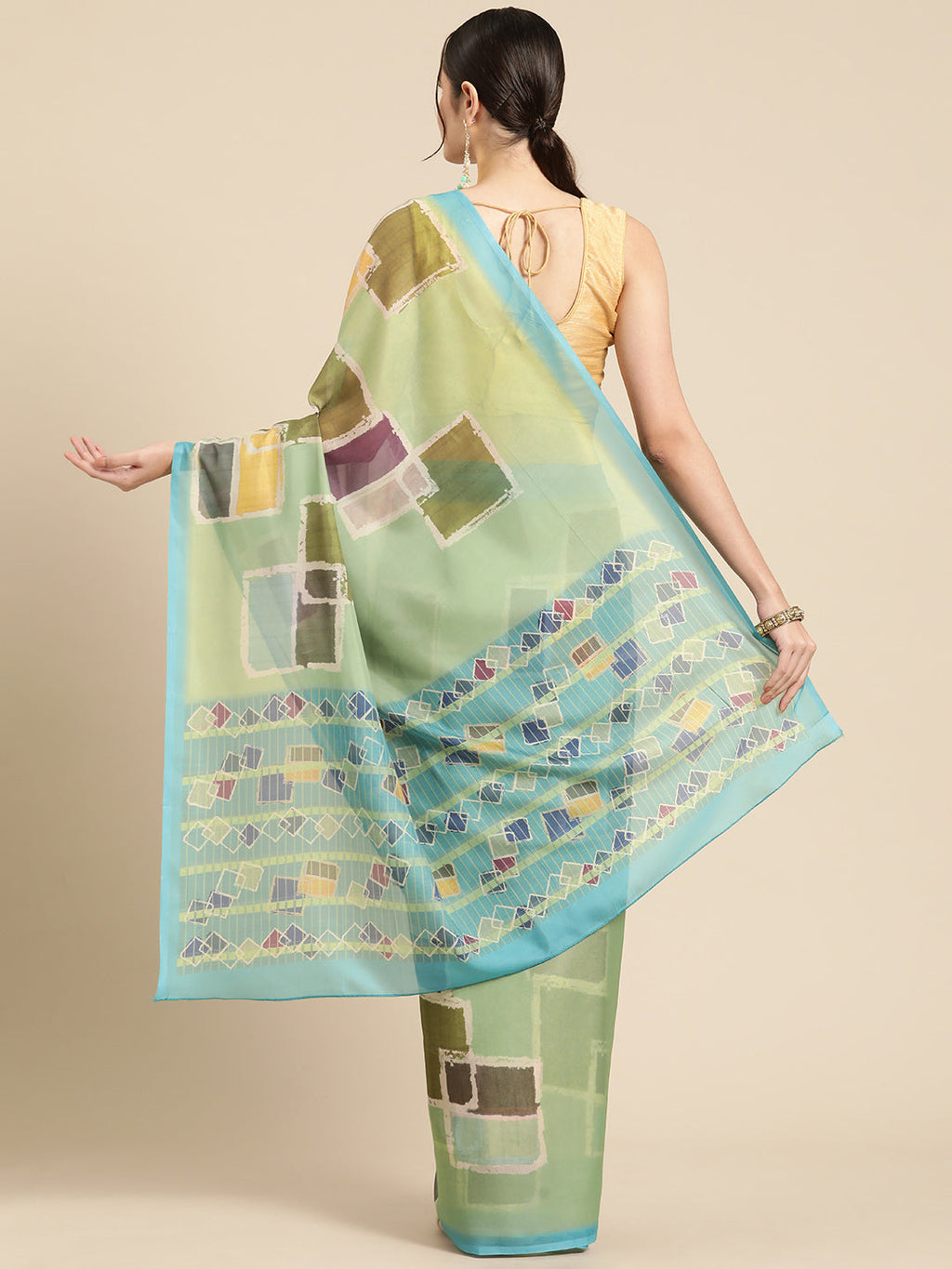 Olive Silk Blend Printed Abstract Saree with Unstitched Blouse - Hiral Fashion
