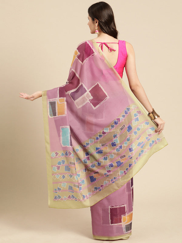 Pink Silk Blend Printed Abstract Saree with Unstitched Blouse - Hiral Fashion