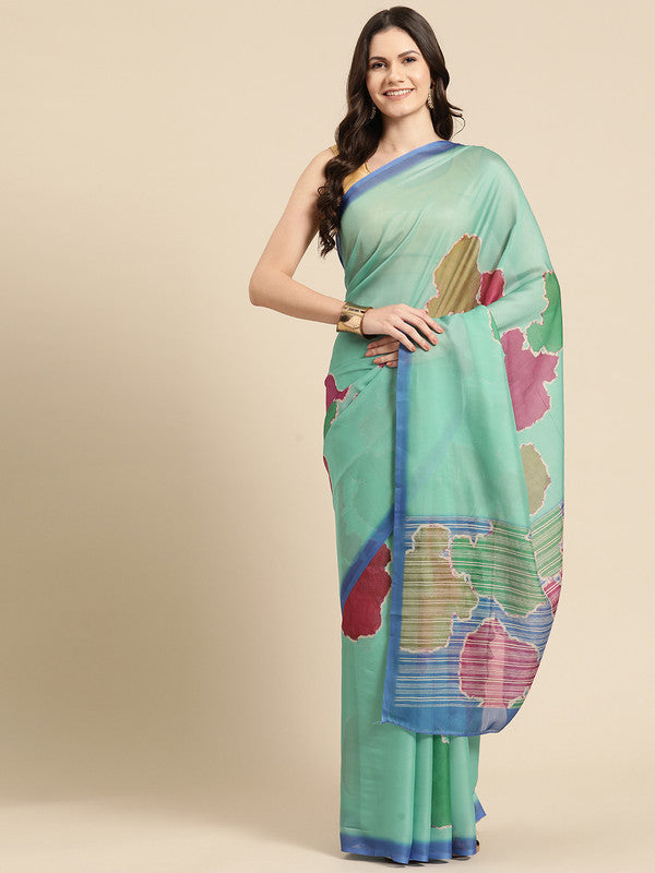 Green Silk Blend Printed Abstract Saree with Unstitched Blouse - Hiral Fashion