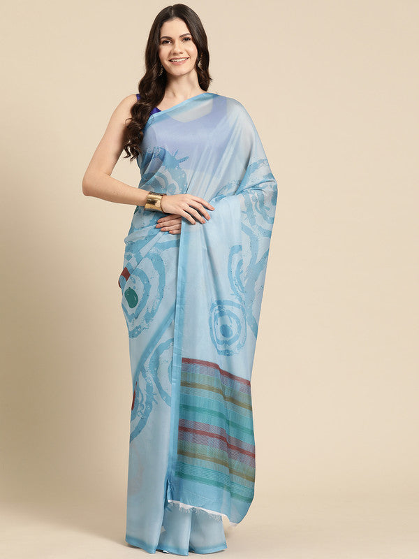 Sky Blue Silk Blend Printed Abstract Saree with Unstitched Blouse - Hiral Fashion