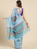 Sky Blue Silk Blend Printed Abstract Saree with Unstitched Blouse - Hiral Fashion