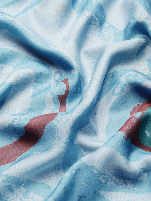 Sky Blue Silk Blend Printed Abstract Saree with Unstitched Blouse - Hiral Fashion