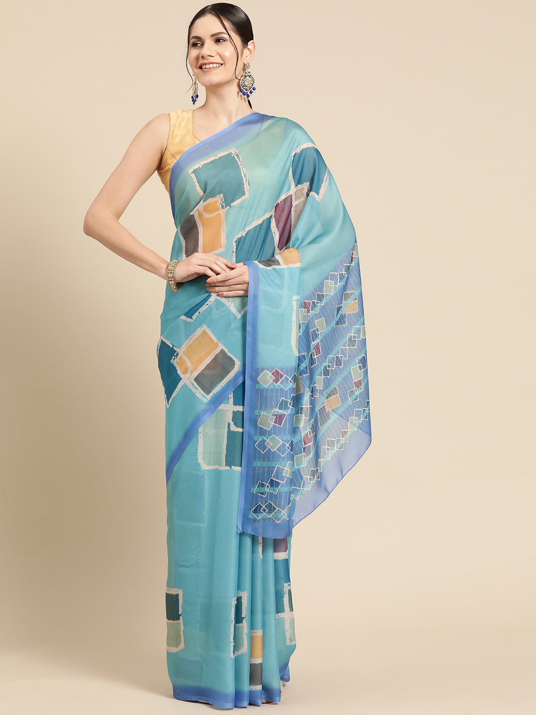 Turquoise Silk Blend Printed Abstract Saree with Unstitched Blouse - Hiral Fashion