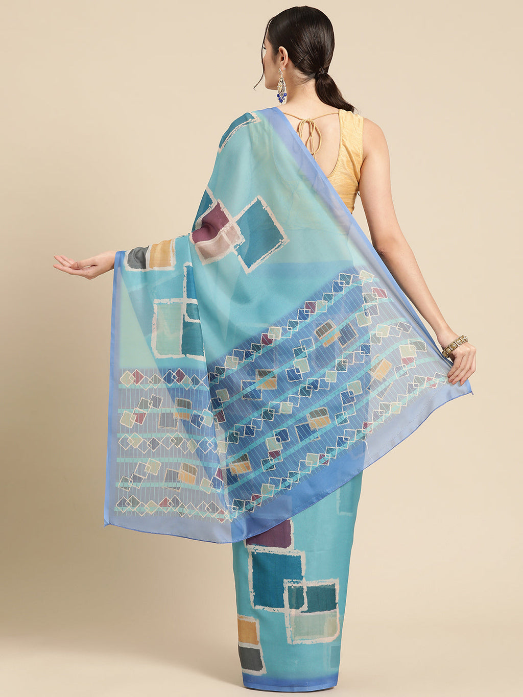 Turquoise Silk Blend Printed Abstract Saree with Unstitched Blouse - Hiral Fashion