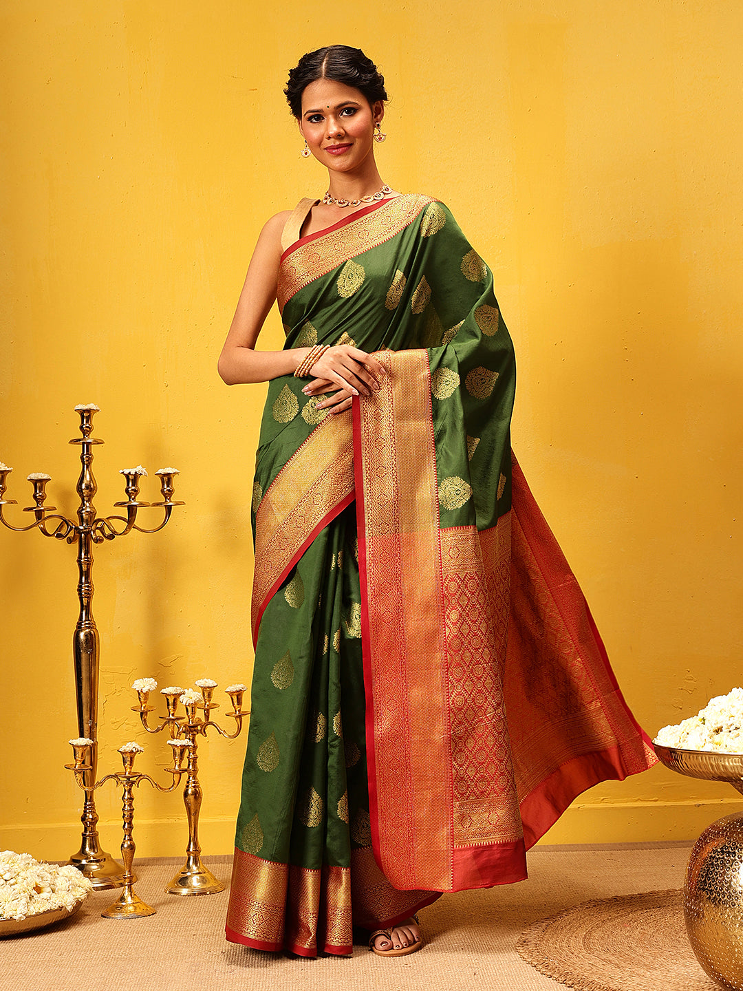 Hiral Fashion Green Kanjeevaram Silk Woven Design Saree
