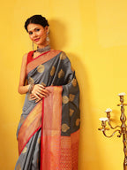 Hiral Fashion Grey Kanjeevaram Silk Woven Design Saree