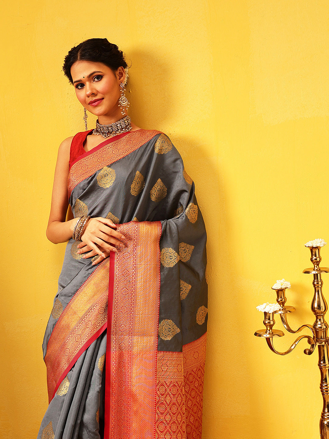 Hiral Fashion Grey Kanjeevaram Silk Woven Design Saree