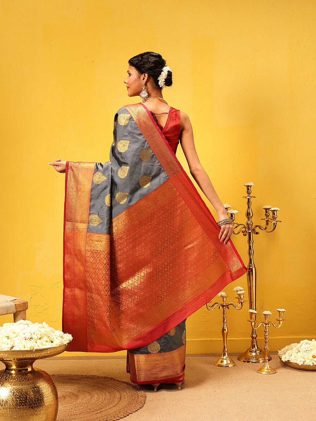 Hiral Fashion Grey Kanjeevaram Silk Woven Design Saree