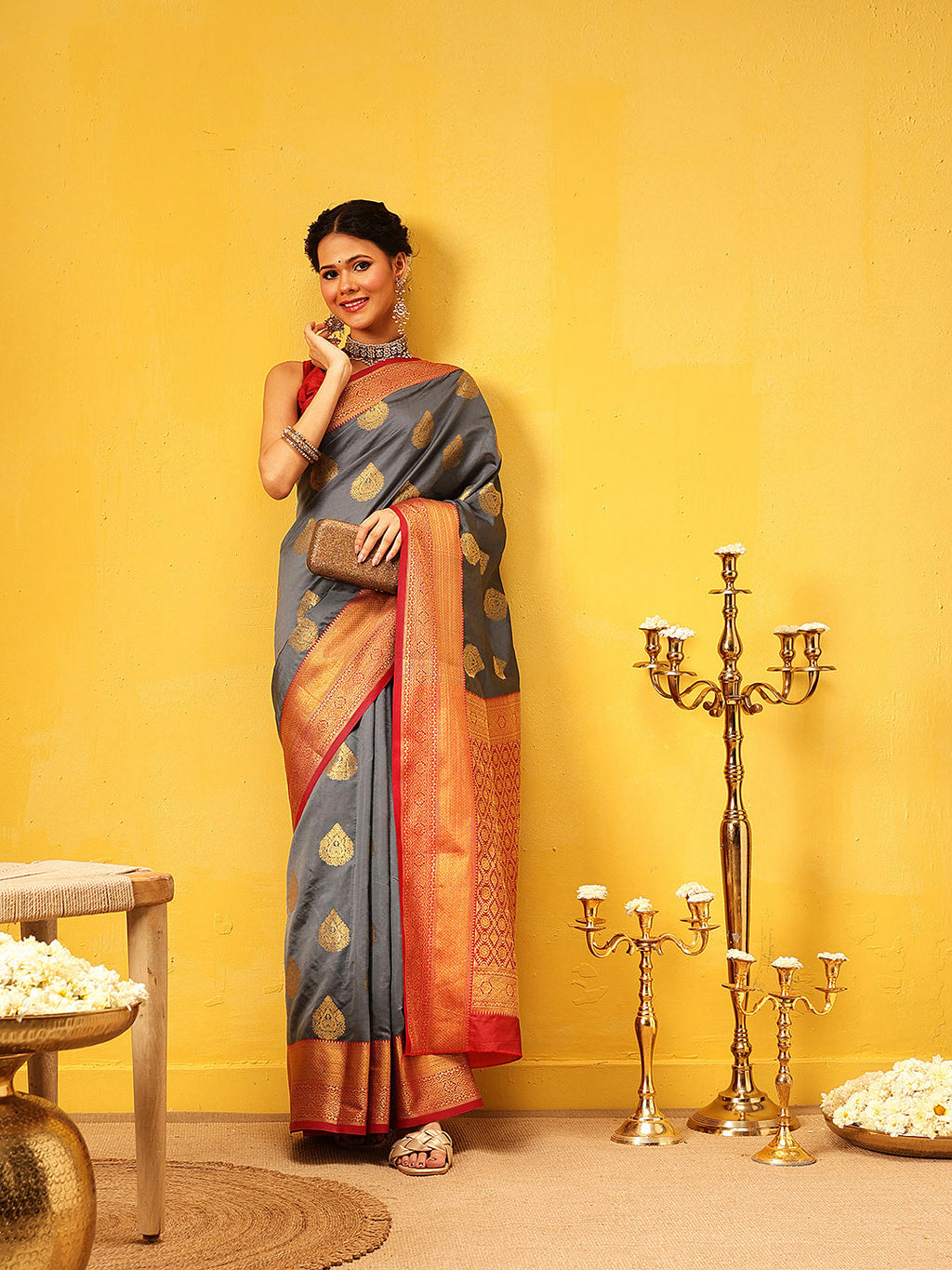 Hiral Fashion Grey Kanjeevaram Silk Woven Design Saree