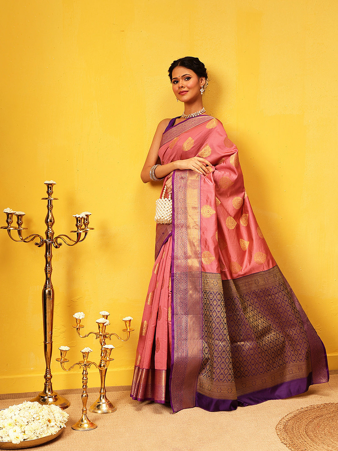 Hiral Fashion Pink Kanjeevaram Silk Woven Design Saree