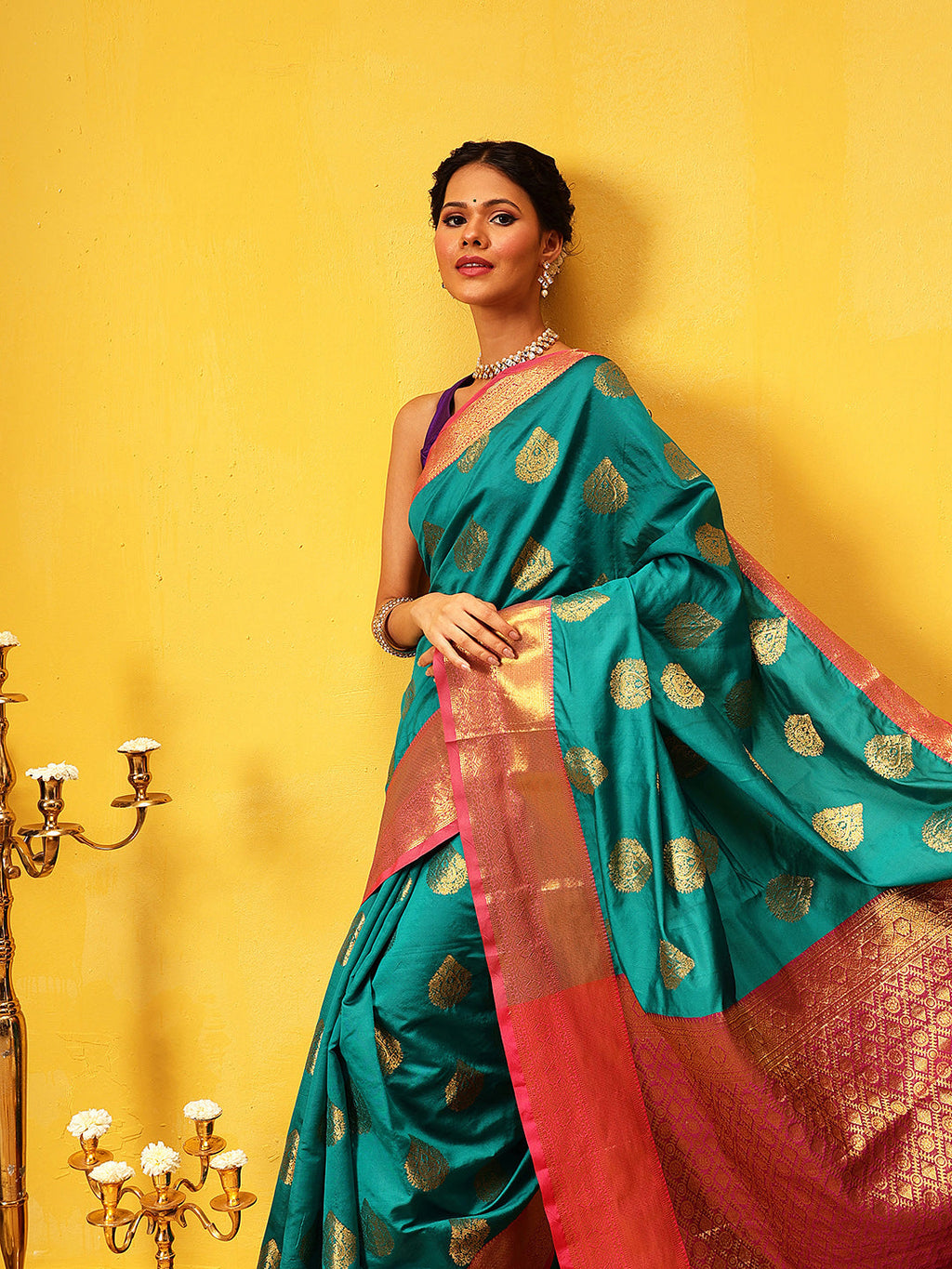 Hiral Fashion Teal Kanjeevaram Silk Woven Design Saree