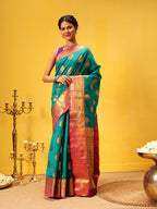 Hiral Fashion Teal Kanjeevaram Silk Woven Design Saree