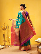 Hiral Fashion Teal Kanjeevaram Silk Woven Design Saree