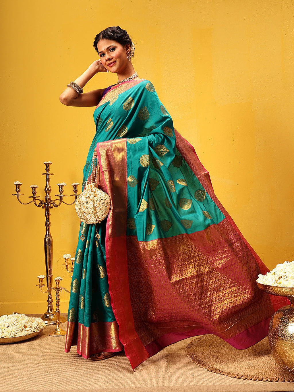 Hiral Fashion Teal Kanjeevaram Silk Woven Design Saree
