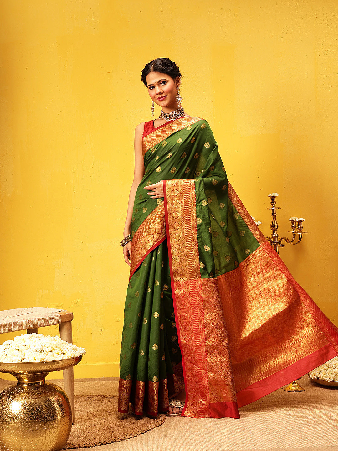 Hiral Fashion Green Kanjeevaram Silk Woven Design Saree
